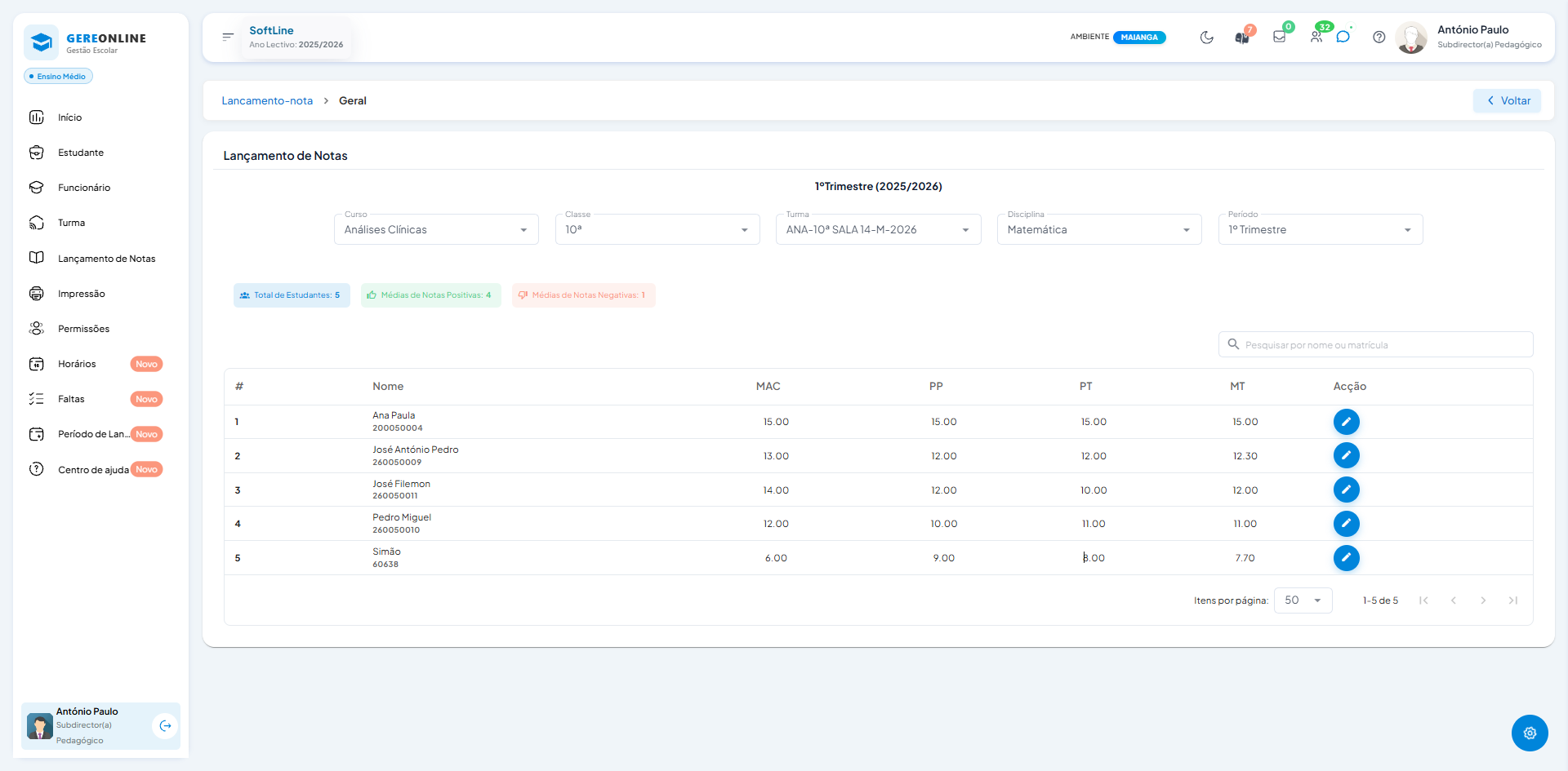 Lançamento de Notas — GereOnline Académico